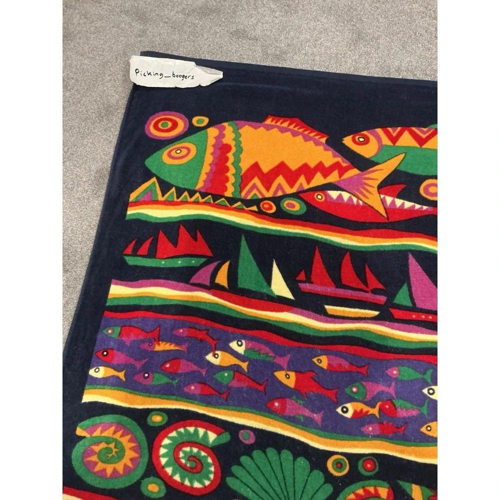 Vintage Beach Towel Featuring A Colorful Tropical Fish and Sailboat Design